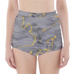 Marble Neon Retro Light Gray With Gold Yellow Veins Texture Floor Background Retro Neon 80s Style Neon Colors Print Luxuous Real Marble High-waisted Bikini Bottoms by genx