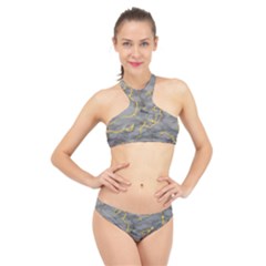 Marble Neon Retro Light Gray With Gold Yellow Veins Texture Floor Background Retro Neon 80s Style Neon Colors Print Luxuous Real Marble High Neck Bikini Set by genx