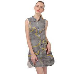 Marble Neon Retro Light Gray With Gold Yellow Veins Texture Floor Background Retro Neon 80s Style Neon Colors Print Luxuous Real Marble Sleeveless Shirt Dress by genx