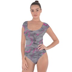 Marble Light Gray With Bright Magenta Pink Veins Texture Floor Background Retro Neon 80s Style Neon Colors Print Luxuous Real Marble Short Sleeve Leotard  by genx