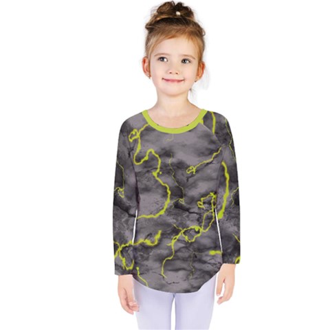 Marble Light Gray With Green Lime Veins Texture Floor Background Retro Neon 80s Style Neon Colors Print Luxuous Real Marble Kids  Long Sleeve Tee by genx