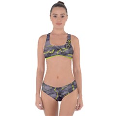 Marble Light Gray With Green Lime Veins Texture Floor Background Retro Neon 80s Style Neon Colors Print Luxuous Real Marble Criss Cross Bikini Set by genx