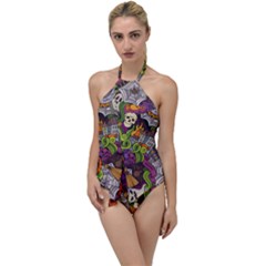 Halloween Doodle Vector Seamless Pattern Go With The Flow One Piece Swimsuit by Sobalvarro