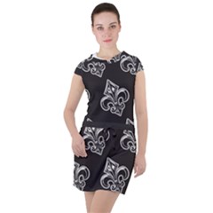 French France Fleur De Lys Metal Pattern Black And White Antique Vintage Black Rocker Drawstring Hooded Dress by Quebec