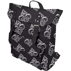 French France Fleur De Lys Metal Pattern Black And White Antique Vintage Black Rocker Buckle Up Backpack by Quebec