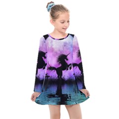 Wonderful Unicorn With Fairy In The Night Kids  Long Sleeve Dress by FantasyWorld7