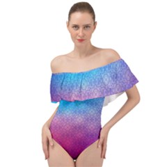 Blue Pink Shade Off Shoulder Velour Bodysuit  by designsbymallika