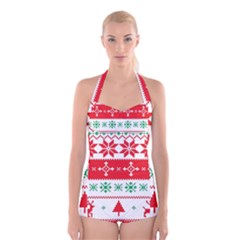 Ugly Christmas Sweater Pattern Boyleg Halter Swimsuit  by Sobalvarro