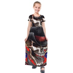 Confederate Flag Usa America United States Csa Civil War Rebel Dixie Military Poster Skull Kids  Short Sleeve Maxi Dress by Sapixe