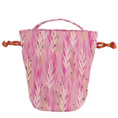 Pink Leaf Pattern Drawstring Bucket Bag by designsbymallika