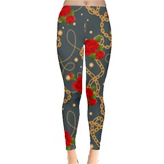Golden Chain Pattern With Roses Leggings  by designsbymallika