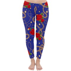 Blue Golden Chain Rose Pattern Classic Winter Leggings by designsbymallika