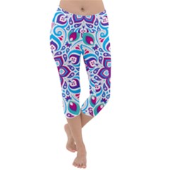 Mandala Blue Lightweight Velour Capri Yoga Leggings by designsbymallika
