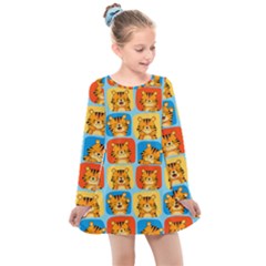 Cute Tiger Pattern Kids  Long Sleeve Dress by designsbymallika