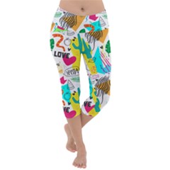 Doodle Pattern Lightweight Velour Capri Yoga Leggings by designsbymallika
