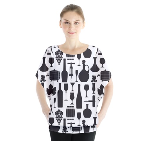 Wine Pattern Black White Batwing Chiffon Blouse by Vaneshart