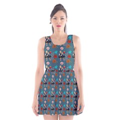 Retro Girls Dress In Black Pattern Blue Teal Scoop Neck Skater Dress by snowwhitegirl