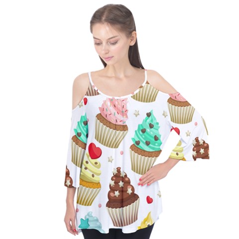 Seamless Pattern Yummy Colored Cupcakes Flutter Tees by Wegoenart