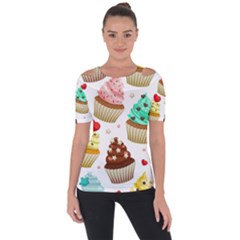 Seamless Pattern Yummy Colored Cupcakes Shoulder Cut Out Short Sleeve Top by Wegoenart