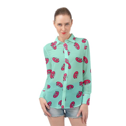 Donuts Pattern Food Colourful Long Sleeve Chiffon Shirt by Vaneshart