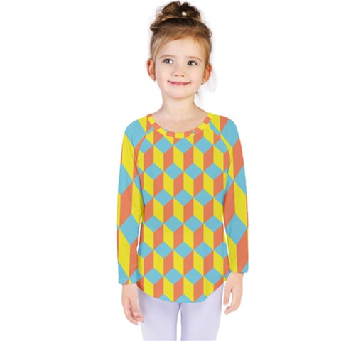 Cube Hexagon Pattern Yellow Blue Kids  Long Sleeve Tee by Vaneshart