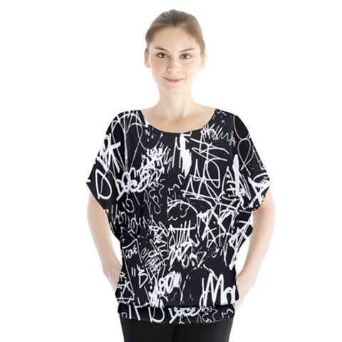 Graffiti Abstract Collage Print Pattern Batwing Chiffon Blouse by dflcprintsclothing