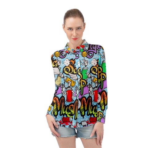 Graffiti Characters Seamless Patternm Long Sleeve Chiffon Shirt by Nexatart