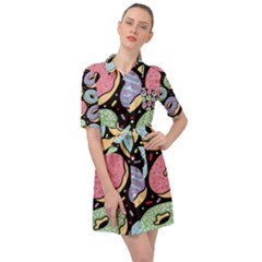 Colorful Donut Seamless Pattern On Black Vector Belted Shirt Dress by Sobalvarro
