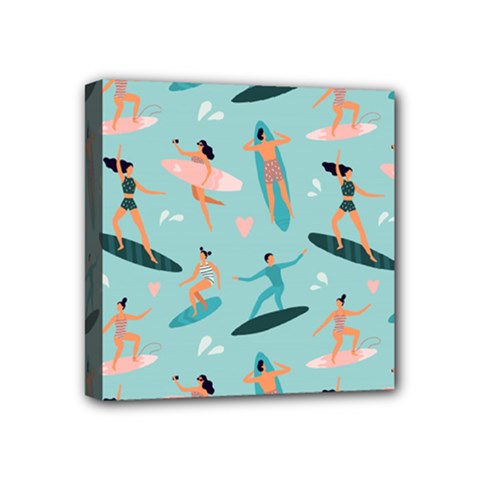 Beach Surfing Surfers With Surfboards Surfer Rides Wave Summer Outdoors Surfboards Seamless Pattern Mini Canvas 4  X 4  (stretched) by Wegoenart