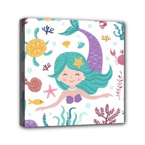 Set Cute Mermaid Seaweeds Marine Inhabitants Mini Canvas 6  X 6  (stretched) by Wegoenart