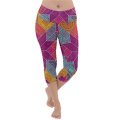 Ethnic Floral Mosaic Pattern Lightweight Velour Capri Yoga Leggings by Wegoenart