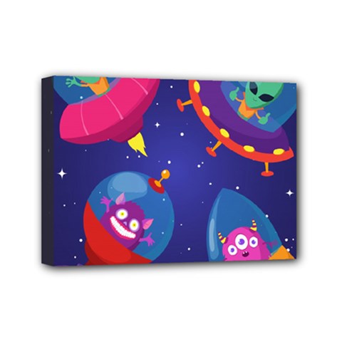 Cartoon Funny Aliens With Ufo Duck Starry Sky Set Mini Canvas 7  X 5  (stretched) by Vaneshart