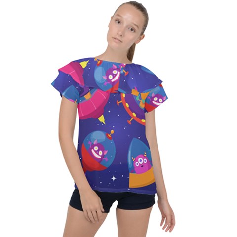 Cartoon Funny Aliens With Ufo Duck Starry Sky Set Ruffle Collar Chiffon Blouse by Vaneshart