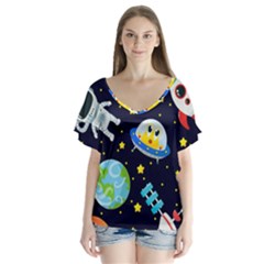 Space Seamless Pattern V-neck Flutter Sleeve Top by Vaneshart