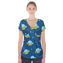 Seamless Pattern Ufo With Star Space Galaxy Background Short Sleeve Front Detail Top by Vaneshart