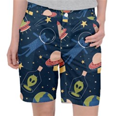 Seamless Pattern With Funny Aliens Cat Galaxy Pocket Shorts by Vaneshart
