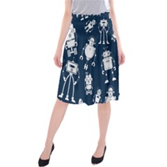 White Robot Blue Seamless Pattern Midi Beach Skirt by Vaneshart