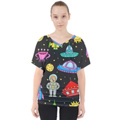 Seamless Pattern With Space Objects Ufo Rockets Aliens Hand Drawn Elements Space V-neck Dolman Drape Top by Vaneshart