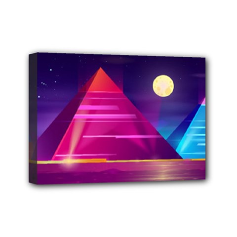 Egyptian Pyramids Night Landscape Cartoon Mini Canvas 7  X 5  (stretched) by Vaneshart