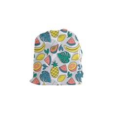 Seamless Pattern Tropical Fruit Banana Watermelon Papaya Lemon Orange Monstera Drawstring Pouch (small) by Vaneshart