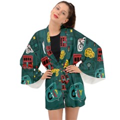 Seamless-pattern-hand-drawn-with-vehicles-buildings-road Long Sleeve Kimono by Vaneshart
