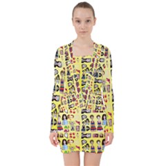 Kawaiicollagepattern3 V-neck Bodycon Long Sleeve Dress by snowwhitegirl