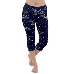 Hand Drawn Scratch Style Night Sky With Moon Cloud Space Among Stars Seamless Pattern Vector Design  Lightweight Velour Capri Yoga Leggings by BangZart