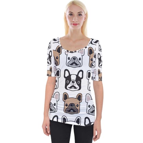 Dog French Bulldog Seamless Pattern Face Head Wide Neckline Tee by BangZart