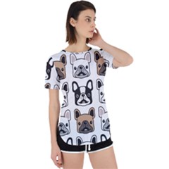 Dog French Bulldog Seamless Pattern Face Head Perpetual Short Sleeve T-shirt by BangZart