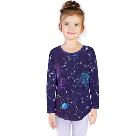 Realistic Night Sky Poster With Constellations Kids  Long Sleeve Tee by BangZart