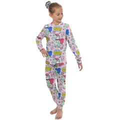 Seamless Pattern With Many Funny Cute Superhero Dinosaurs T Rex Mask Cloak With Comics Style Kids  Long Sleeve Set  by BangZart