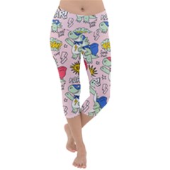 Seamless Pattern With Many Funny Cute Superhero Dinosaurs T Rex Mask Cloak With Comics Style Lightweight Velour Capri Yoga Leggings by BangZart