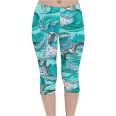Sea Waves Seamless Pattern Velvet Capri Leggings  by BangZart