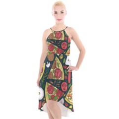 Vector Seamless Pizza Slice Pattern Hand Drawn Pizza Illustration Great Background High-low Halter Chiffon Dress  by BangZart